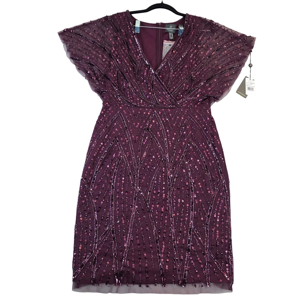 Adrianna Papell Beaded Dolman Sleeve Dress Purple Sequin Art Deco Size 12 New